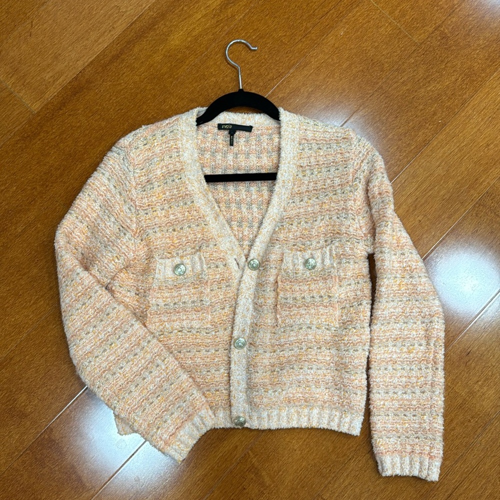 Maje Peach Tweed Button Cardigan